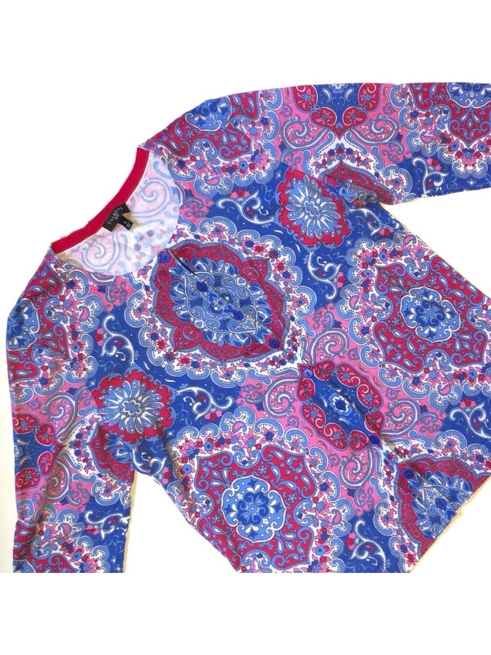 Talbots Paisley Medallion Cardigan Sweater SP Small Petite PS Pink Blue